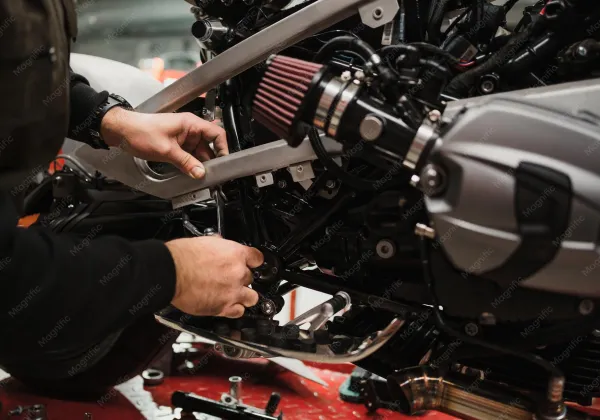 Mecânico ajustando o motor de uma moto